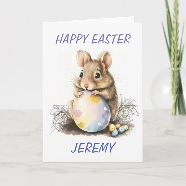 Cute Easter Watercolor Mouse Personalized  Card (Front)