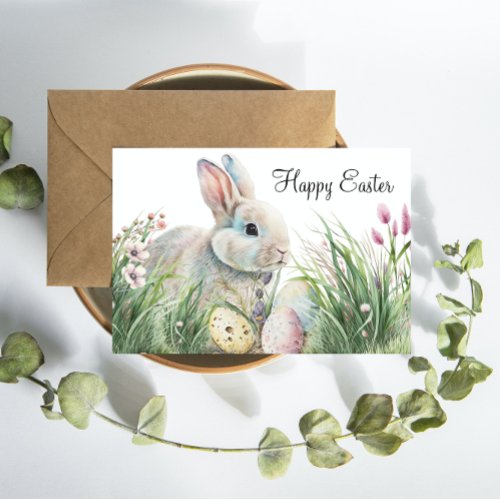 Cute Easter Wishes Watercolor Bunny and Eggs Postcard