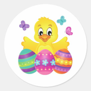 Cute Easter Yellow Chicken with Colorful Eggs Classic Round Sticker