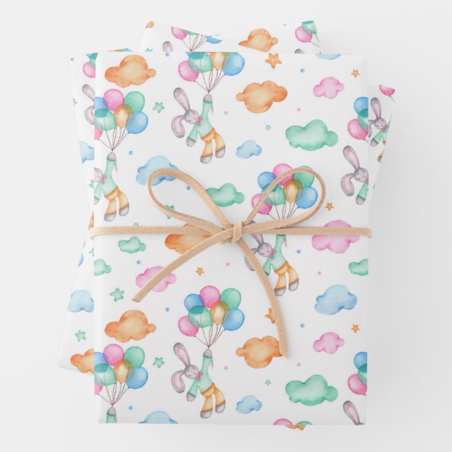 Cute Easterbunnies and Balloons Wrapping Paper Sheets (In situ)