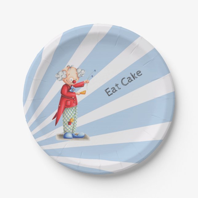 Cute Eat Cake Blue Sunburst with Circus Clown Paper Plates (Front)
