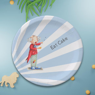 Cute Eat Cake Blue Sunburst with Circus Clown Paper Plates