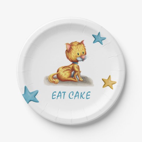 Cute Eat Cake Kitty Cat Blue Collar Party Paper Plates
