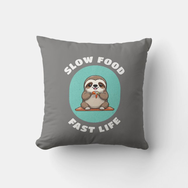 Cute eating Kawaii Sloth Grey Throw Pillow (Front)