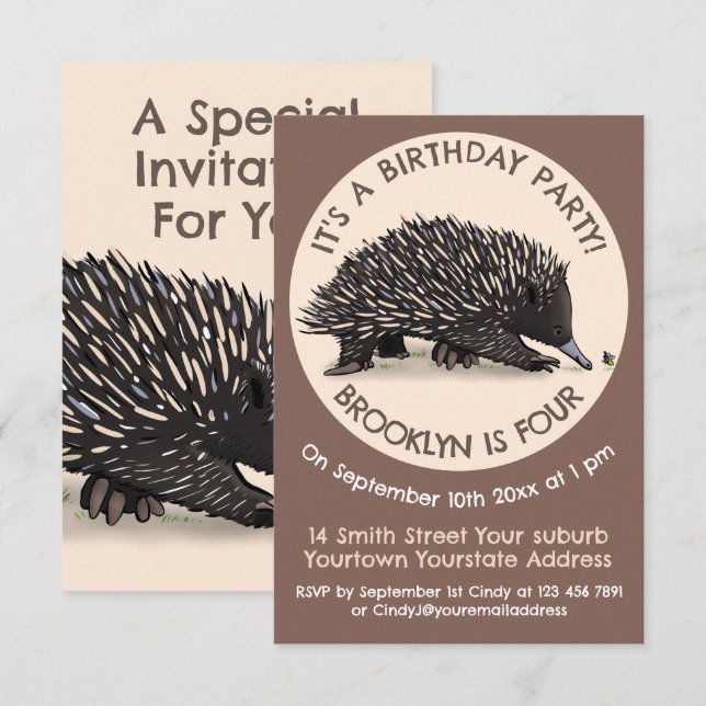 Cute echidna and bee cartoon birthday invitation (Front/Back)