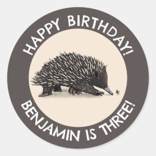 Cute echidna and bee cartoon personalized birthday classic round sticker