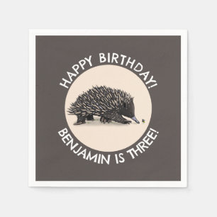 Cute echidna and bee cartoon personalized birthday napkins