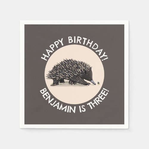 Cute echidna and bee cartoon personalized birthday napkins