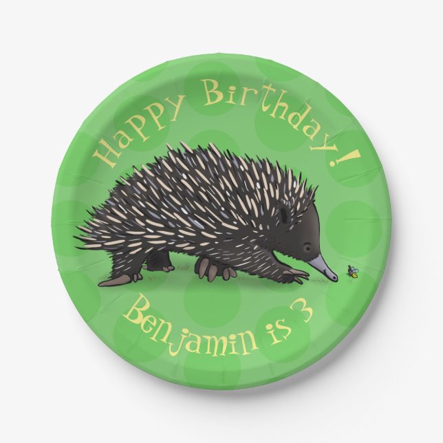 Cute echidna and bee cartoon personalized birthday paper plates (Front)