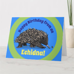 Cute echidna with bee cartoon birthday card
