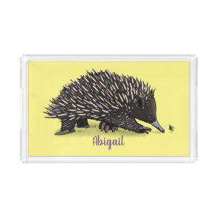 Cute echidna with bee cartoon illustration acrylic tray