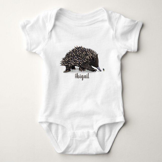 Cute echidna with bee cartoon illustration baby bodysuit (Front)