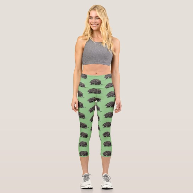 Cute echidna with bee cartoon illustration capri leggings (Front)