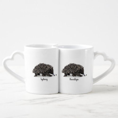 Cute echidna with bee cartoon illustration coffee mug set