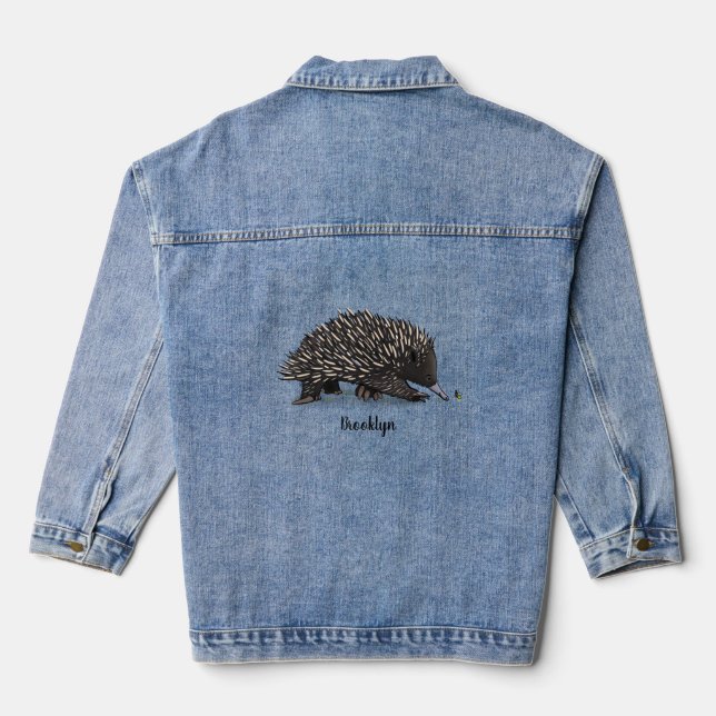 Cute echidna with bee cartoon illustration denim jacket (Back)