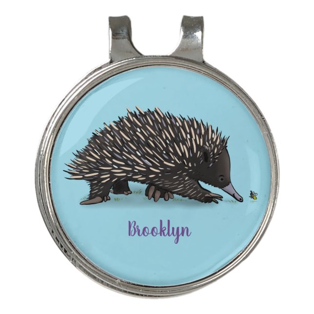 Cute echidna with bee cartoon illustration golf hat clip (Front)