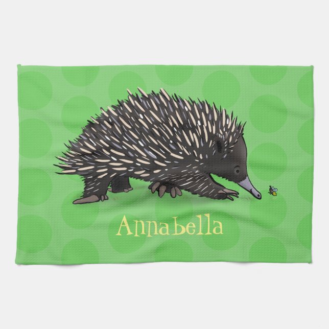Cute echidna with bee cartoon illustration kitchen towel (Horizontal)