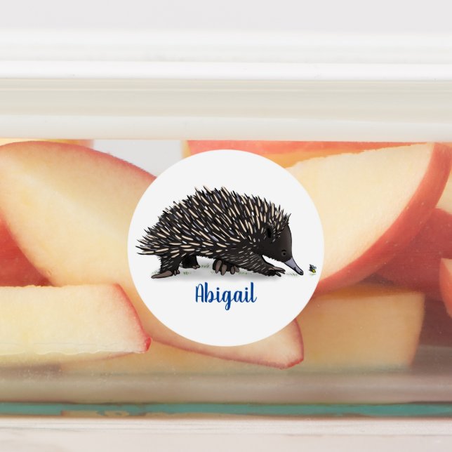 Cute echidna with bee cartoon illustration labels (Affixed)