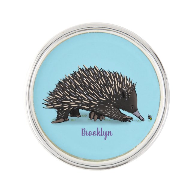 Cute echidna with bee cartoon illustration lapel pin (Front)