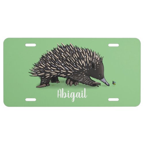 Cute echidna with bee cartoon illustration license plate