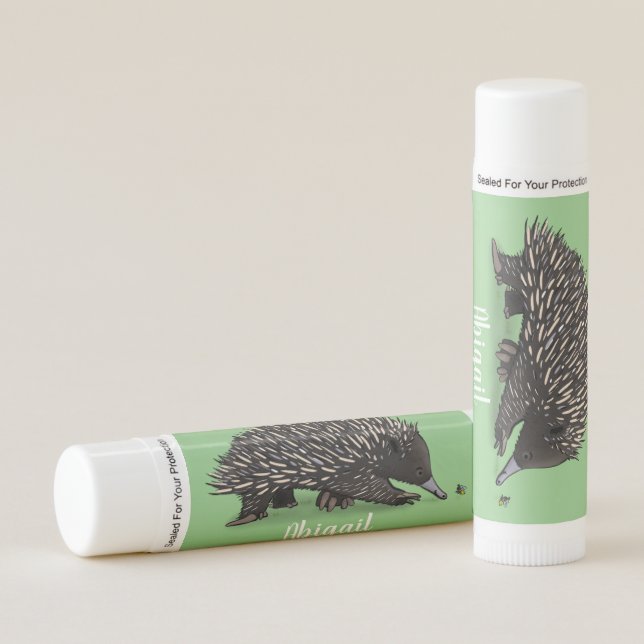 Cute echidna with bee cartoon illustration lip balm (Front)