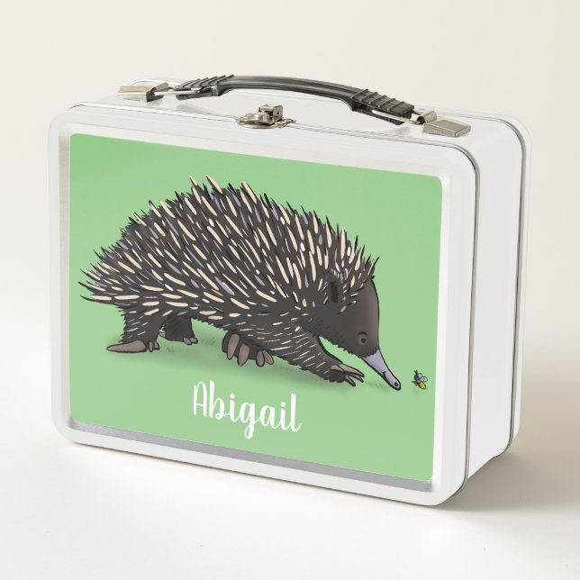 Cute echidna with bee cartoon illustration metal lunch box (Front)