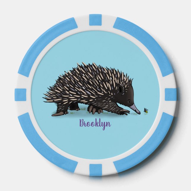Cute echidna with bee cartoon illustration poker chips (Front)