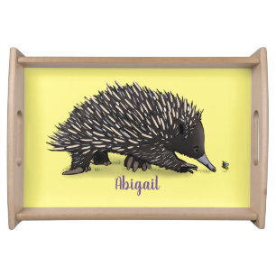 Cute echidna with bee cartoon illustration serving tray