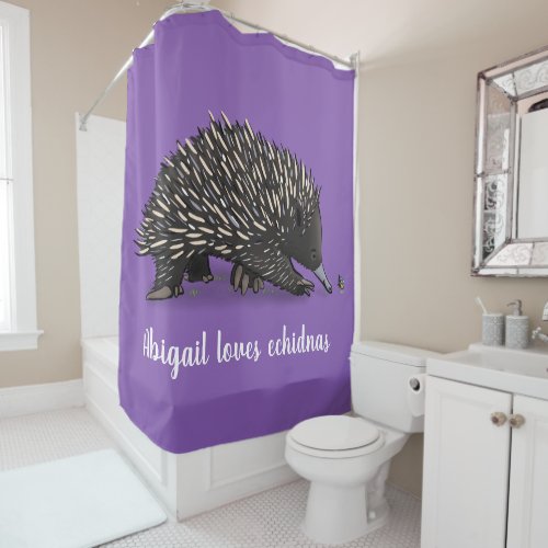 Cute echidna with bee cartoon illustration shower curtain