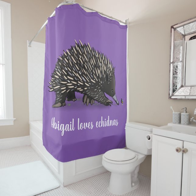 Cute echidna with bee cartoon illustration shower curtain (In Situ)