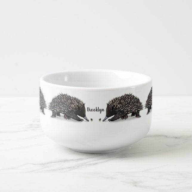 Cute echidna with bee cartoon illustration soup mug (Front)