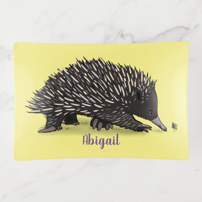 Cute echidna with bee cartoon illustration trinket tray (Front)