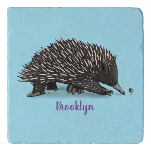 Cute echidna with bee cartoon illustration trivet