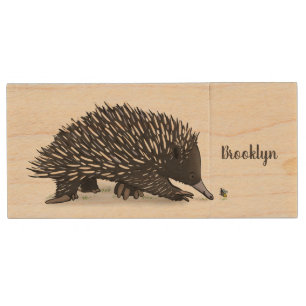 Cute echidna with bee cartoon illustration wood flash drive