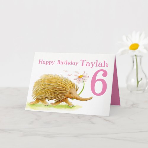 Cute echidna wtercolor running girls 6th birthday card