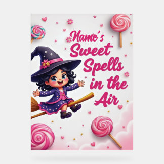 Cute Editable Name Witch on Broom Halloween Acrylic Sign