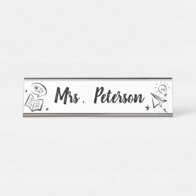 Cute Education Doodle Personalized Teacher Desk Name Plate (Front)