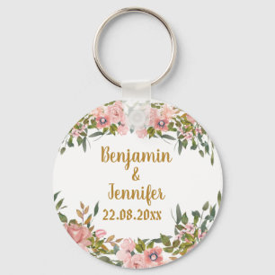 Cute Eegant Pink Floral Greenery and gold Wedding Keychain