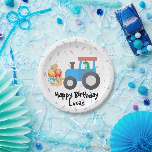 Cute egg dino tractor Truck Birthday boy B2S Paper Plates (Party)
