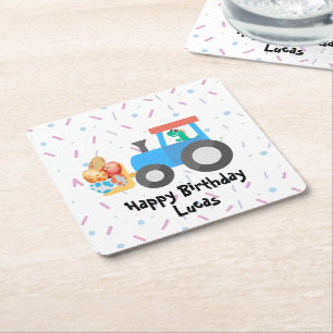 Cute egg dino tractor Truck Birthday boy B2S Square Paper Coaster