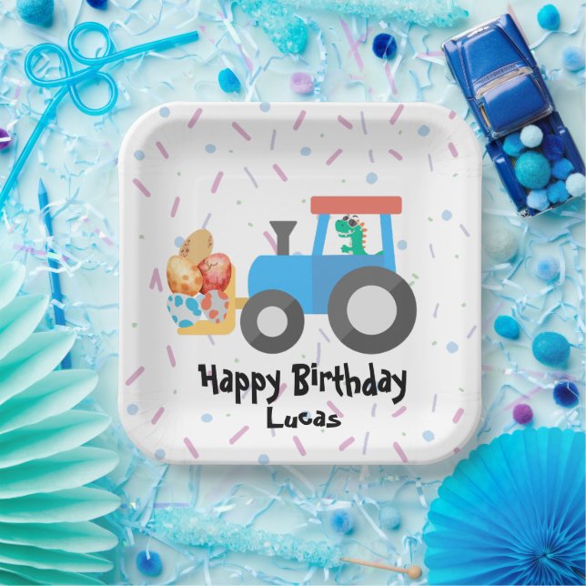 Cute egg dinosaur Construction Truck Birthday boy  Paper Plates (Party)