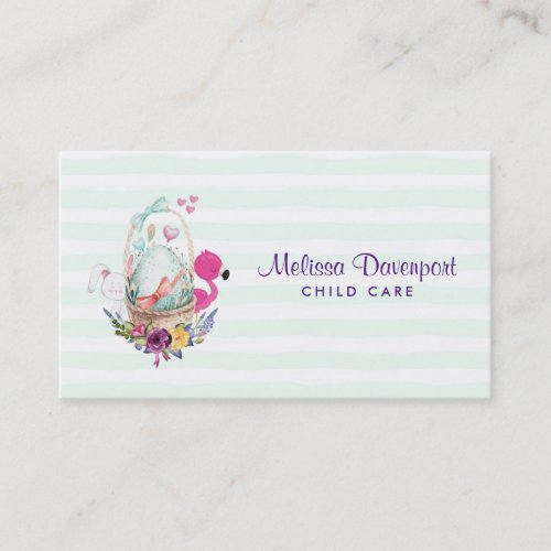 Cute Egg in a Basket with Flamingo and Bunny Business Card