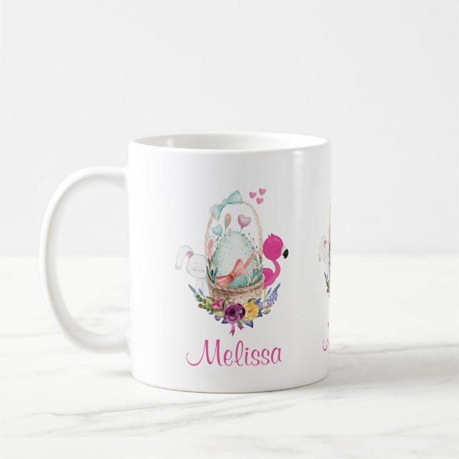 Cute Egg in a Basket with Flamingo and Bunny Coffee Mug (Left)
