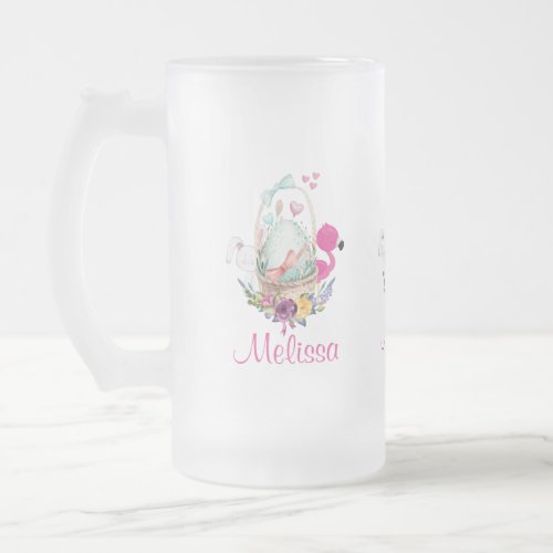 Cute Egg in a Basket with Flamingo and Bunny Frosted Glass Beer Mug