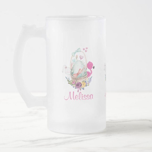 Cute Egg in a Basket with Flamingo and Bunny Frosted Glass Beer Mug (Left)