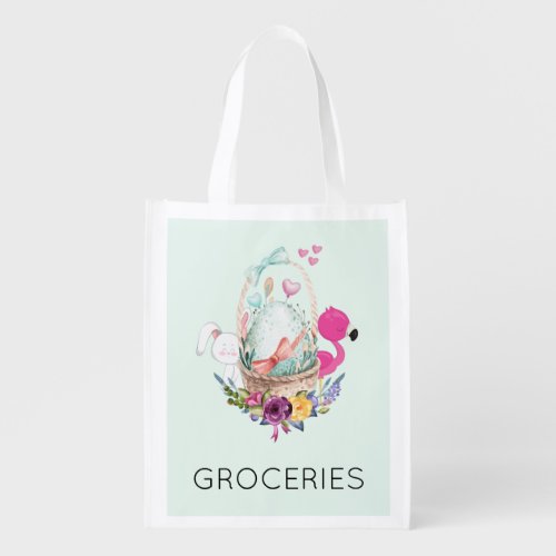 Cute Egg in a Basket with Flamingo and Bunny Grocery Bag