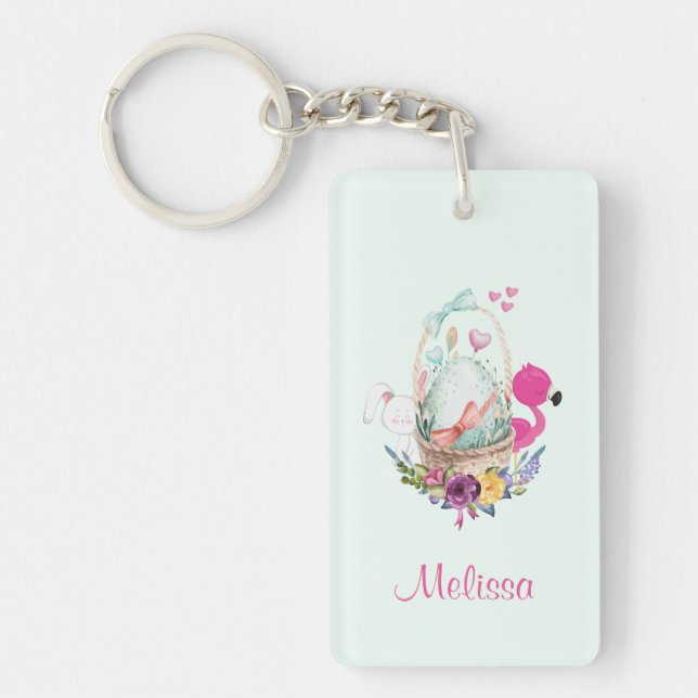 Cute Egg in a Basket with Flamingo and Bunny Keychain (Front)