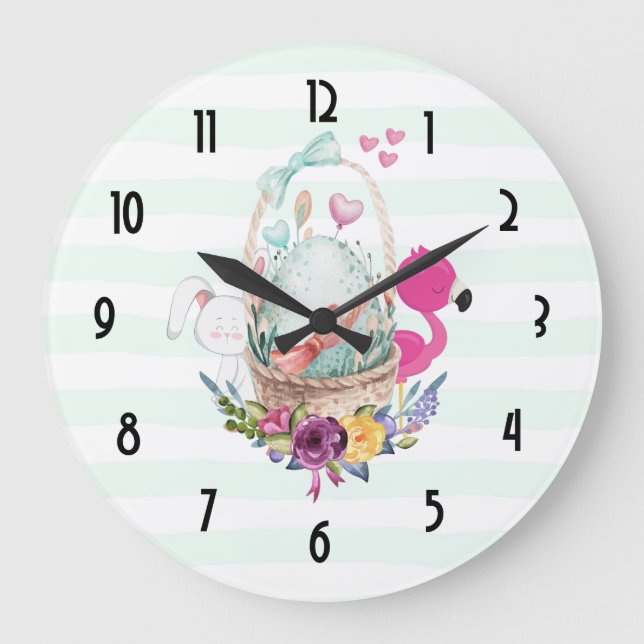 Cute Egg in a Basket with Flamingo and Bunny Large Clock (Front)