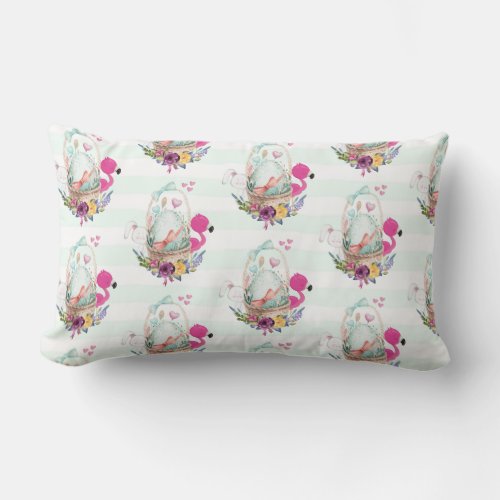Cute Egg in a Basket with Flamingo and Bunny Lumbar Pillow