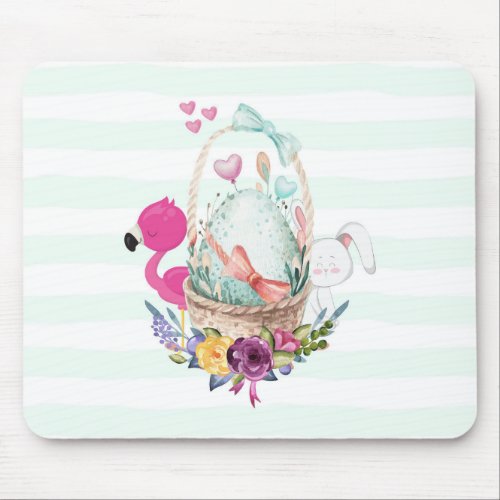Cute Egg in a Basket with Flamingo and Bunny Mouse Pad